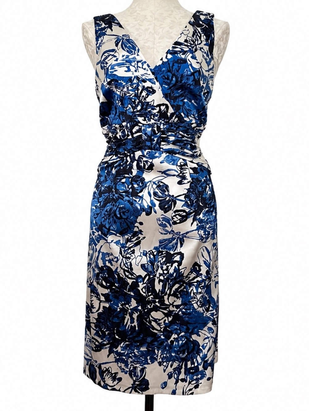 Kay Unger Silk Floral Sheath Dress Blue White Ruched Waist Size 12